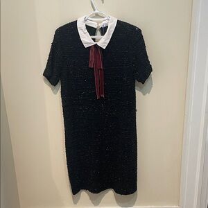 Zara Black Textured Dress with White Collar and Burgundy Velvet Ribbon